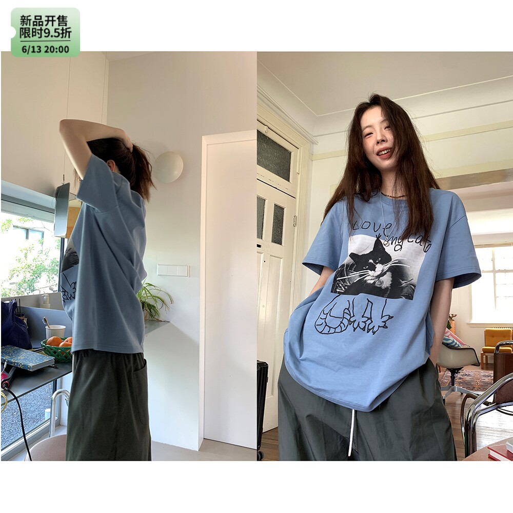 Hellooo Eat футболка с граффити принтом короткий рукав летняя круглый вырез свободная синяя хлопковая женская