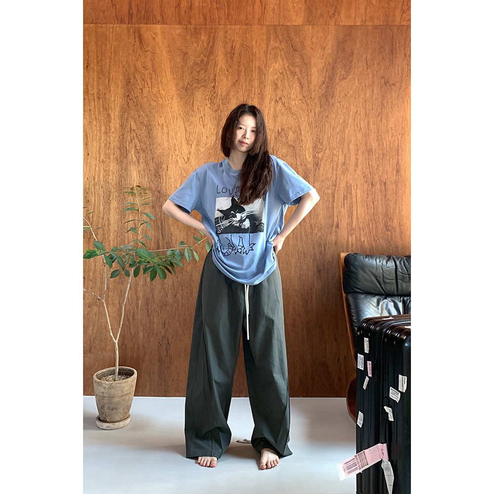 Hellooo Eat футболка с граффити принтом короткий рукав летняя круглый вырез свободная синяя хлопковая женская