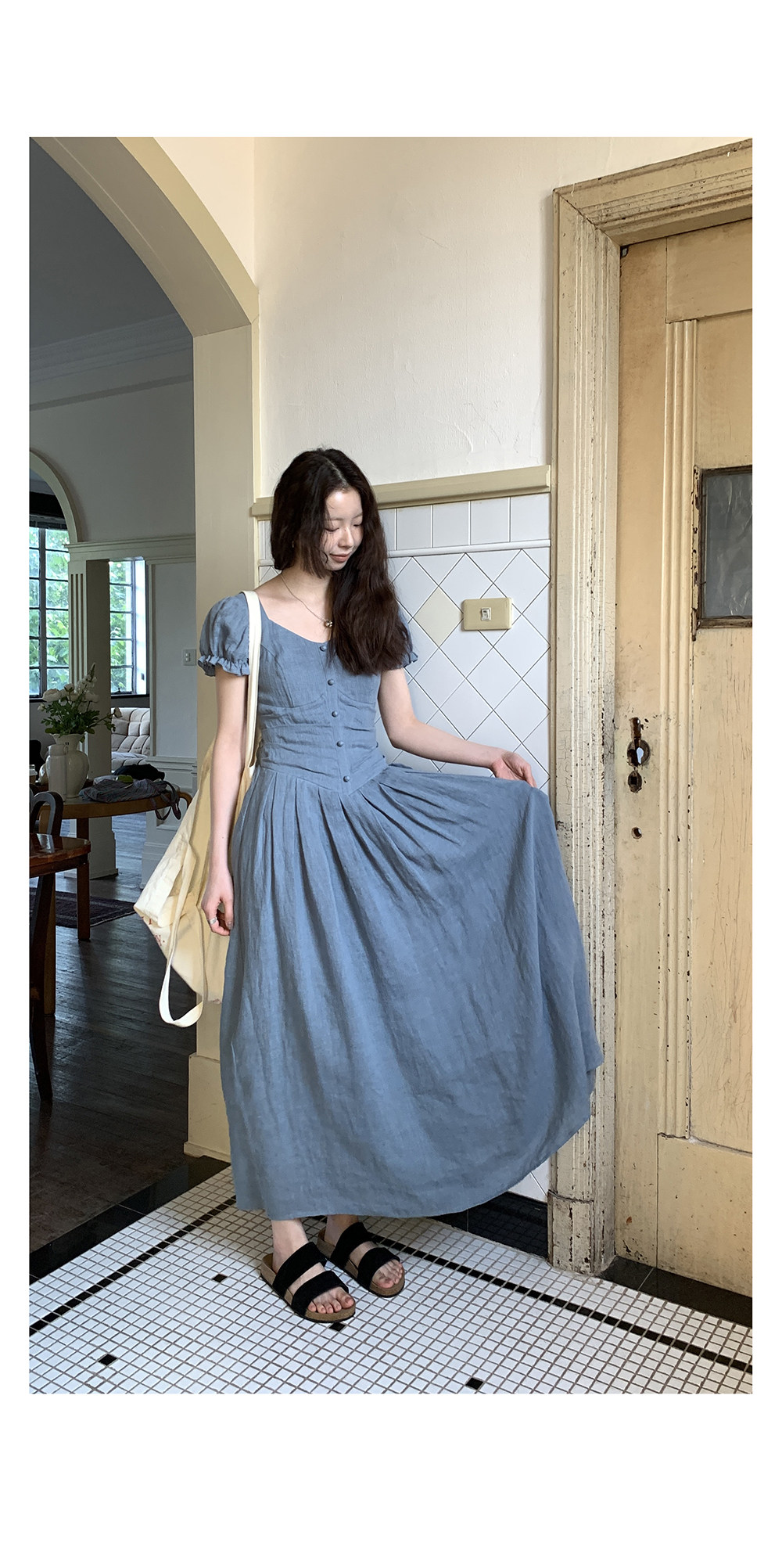 Hellooo Eat 100%亚麻气质吊带连衣裙2025夏季法式复古短袖中长裙