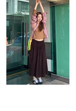 HelloooEat японская винтажная юбка в горошек осенняя коричневая универсальная стройнящая А-силуэта средней длины