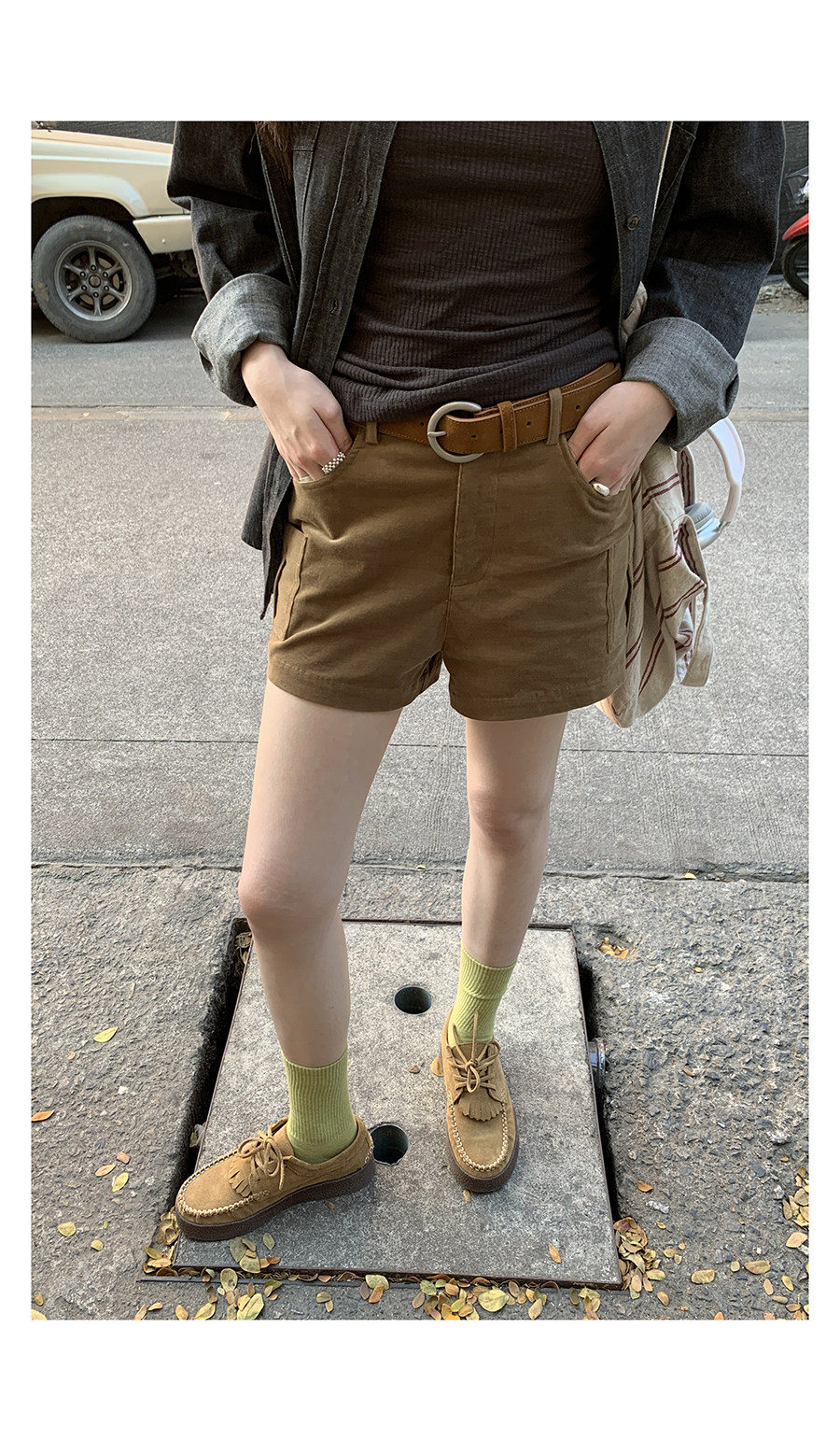 HelloooEat вельветовые шорты с карманами цвета хаки прямого кроя повседневные брюки