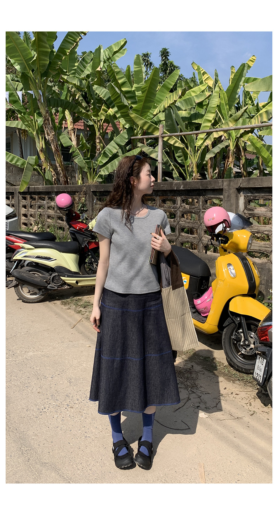 HelloooEat льняная юбка А-силуэта с контрастной отделкой джинсового цвета в винтажном стиле