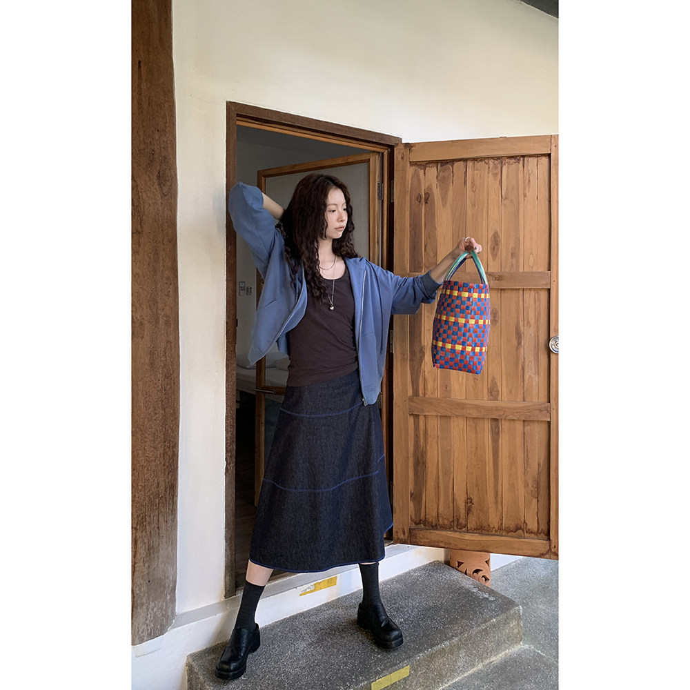 HelloooEat льняная юбка А-силуэта с контрастной отделкой джинсового цвета в винтажном стиле