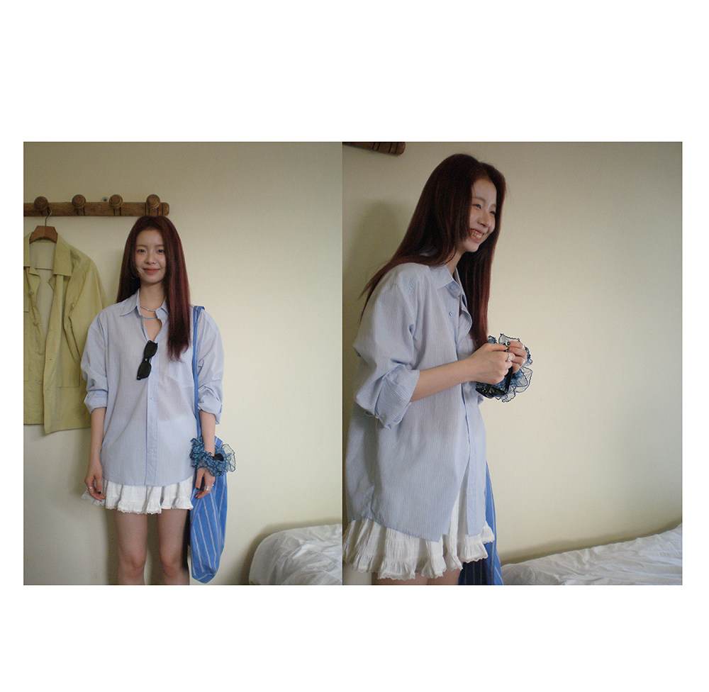 HelloooEat хлопковая легкая светло-голубая полосатая рубашка корейского стиля свободного кроя повседневная однобортная с длинными рукавами женская