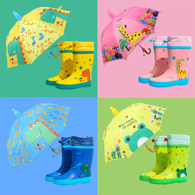Children's rain boots umbrella suit boys and girls non-slip water shoes children warm rain boots middle and big children primary school students rubber shoes