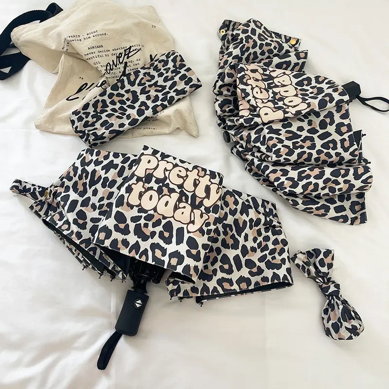 Leopard Print Retro Folding Umbrella, Fully Automatic Vinyl, Dual-Use for Sun and Rain, Simple Style for Women, Sun Protection, Uv Protection Umbrella