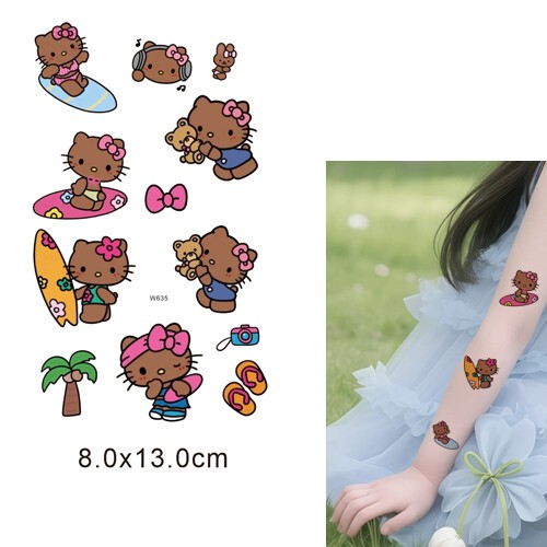 Kt Cat Kidslike Cute Kitty Kidsren's Black Leather Katie Vacation Summer Girl Tattoo Sticker Cartoon Girl Heart