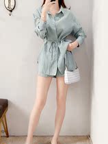 2022 summer new net red shirt shorts two-piece set thin section foreign style casual long-sleeved sun protection clothing suit for women