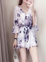 2021 summer new printed one-piece suit womens temperament waist waist ink painting chiffon jumpsuit womens summer shorts
