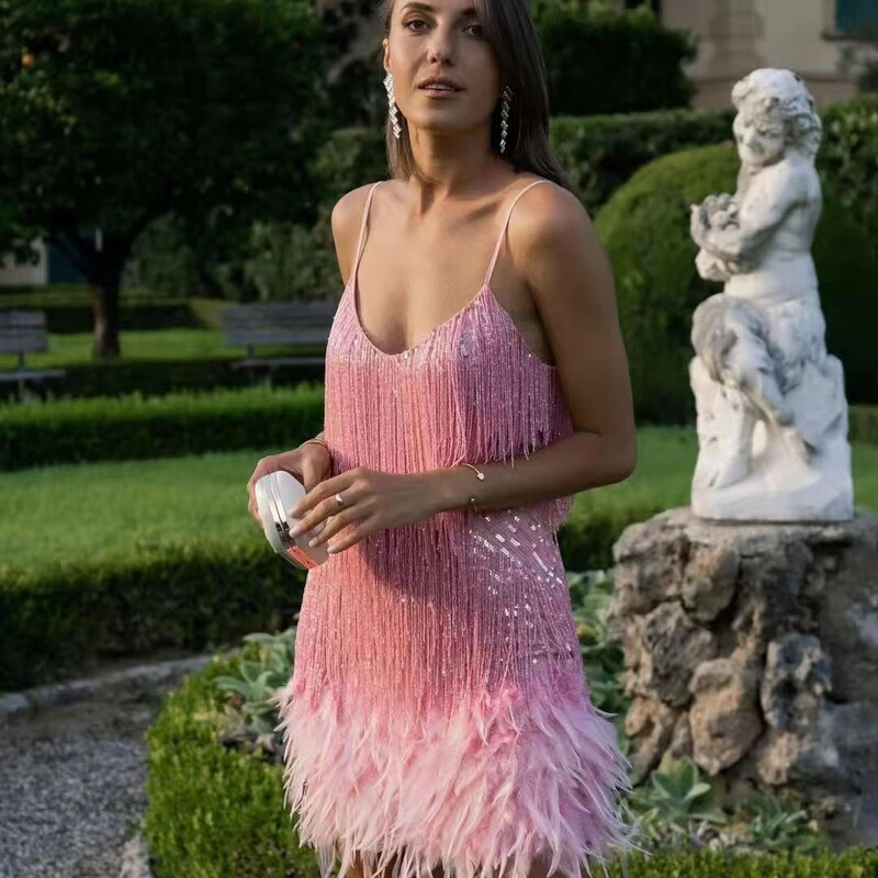 Party Feather Patchwork Dress Korean Style Pink Tassel Dress for Women Dress Women Party