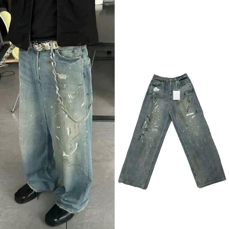 Ac Style 24Ss Baggy Hand-Painted Distressed Silhouette Jeans Casual Loose Straight-Leg Pants Trendy Pants
