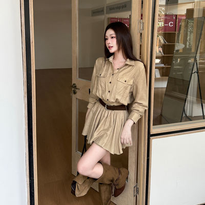INSTUNNING Maillard workwear-style shirt and short skirt for women in autumn, with a cinched waist and slimming look, a lapel and elegant long-sleeved suit