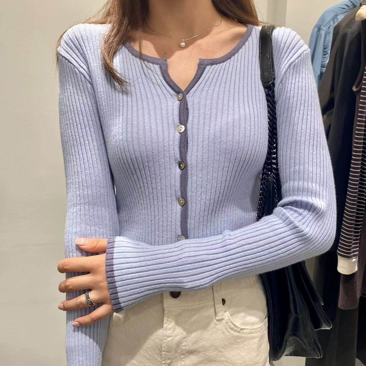 Miss Sunflower 2022 Autumn and Winter New Products South Korea East Gate Color Knitted Shirt 081601