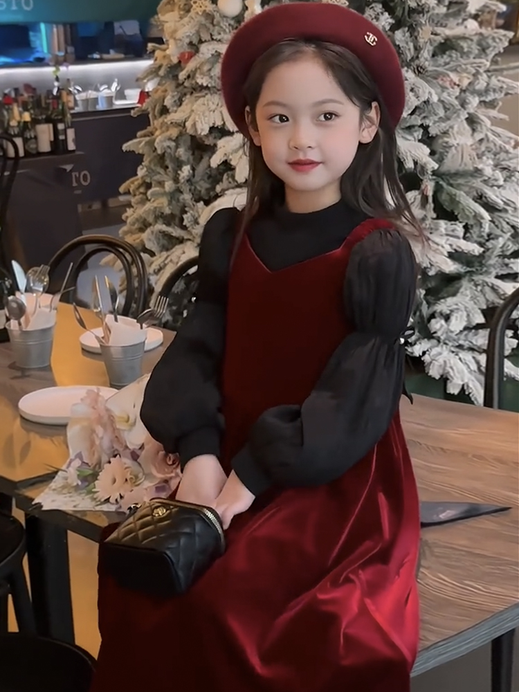 Girl gush with dress and dress autumn winter 2023 new children Christmas gown dress girl New Year Princess skirt Skirt Ocean-Taobao