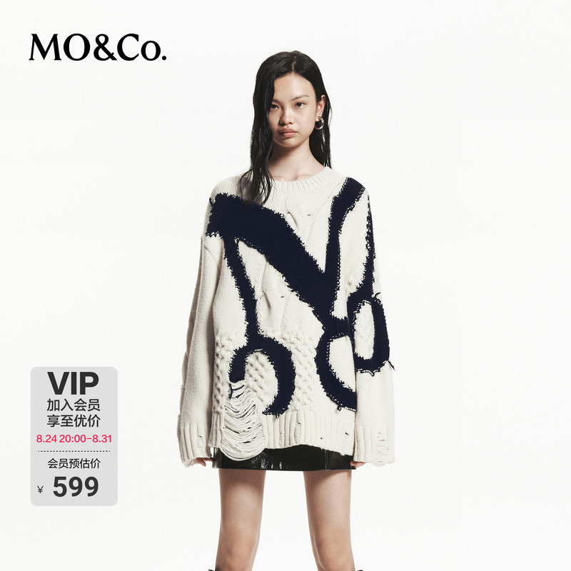 【Taobao Selection】Moco Sweater with Large Logo Jacquard, Woolen Yarn, Slubbed Knit, Distressed Design, Pullover, Drop Shoulder 【Taobao Selection】Moco Sweater with Large Logo Jacquard, Woolen Yarn, Slubbed Knit, Distressed Design, Pullover, Drop Shoulder