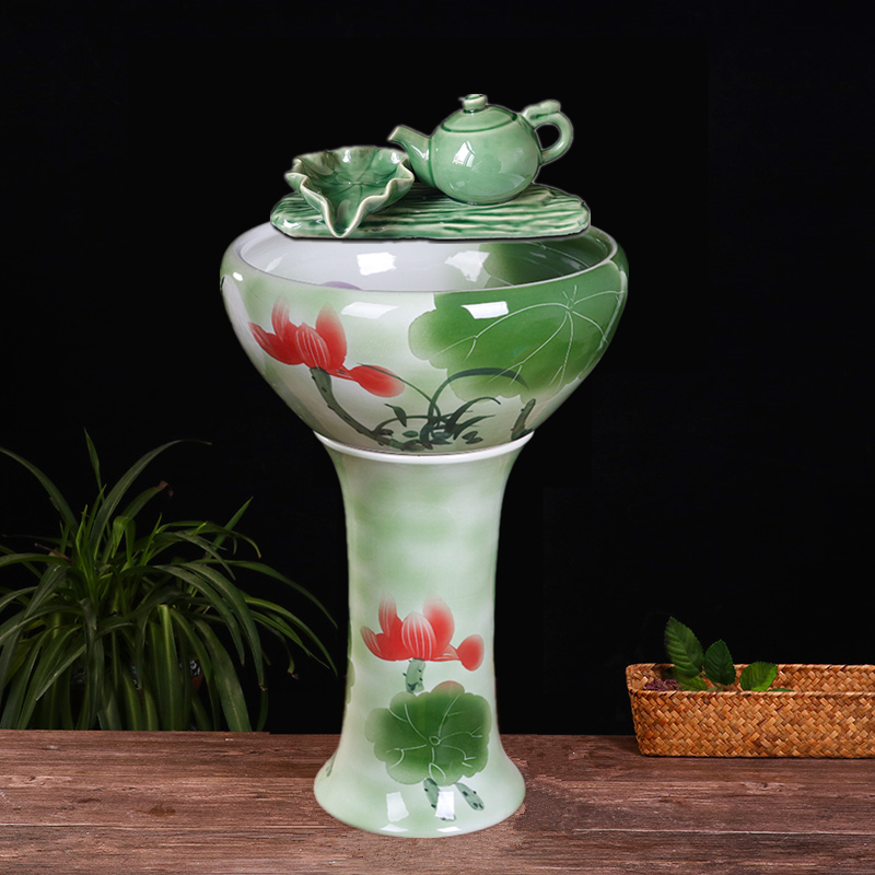 Ceramic floor column type fish tank sleeping lotus basin flowing water fountain large fish pot turtle cylinder decorated with a view swing piece-Taobao