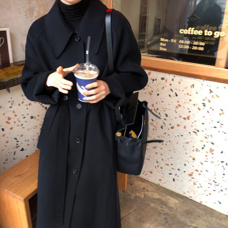 Double face cashmere big coat female medium long version 2022 new Korean version dolls collar black bifacial hair coat women
