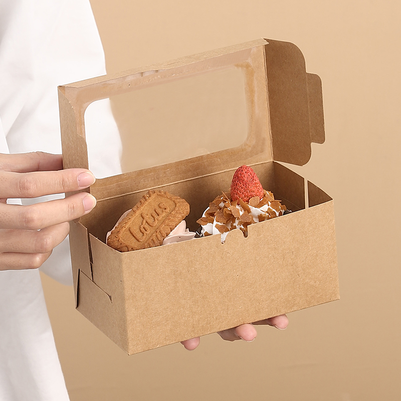 Kraft Cupcake Box 2 4 6 12 pcs Open Window Wood Bran Cup Packing Box Pudding Cup Packing Box with Hemp Rope