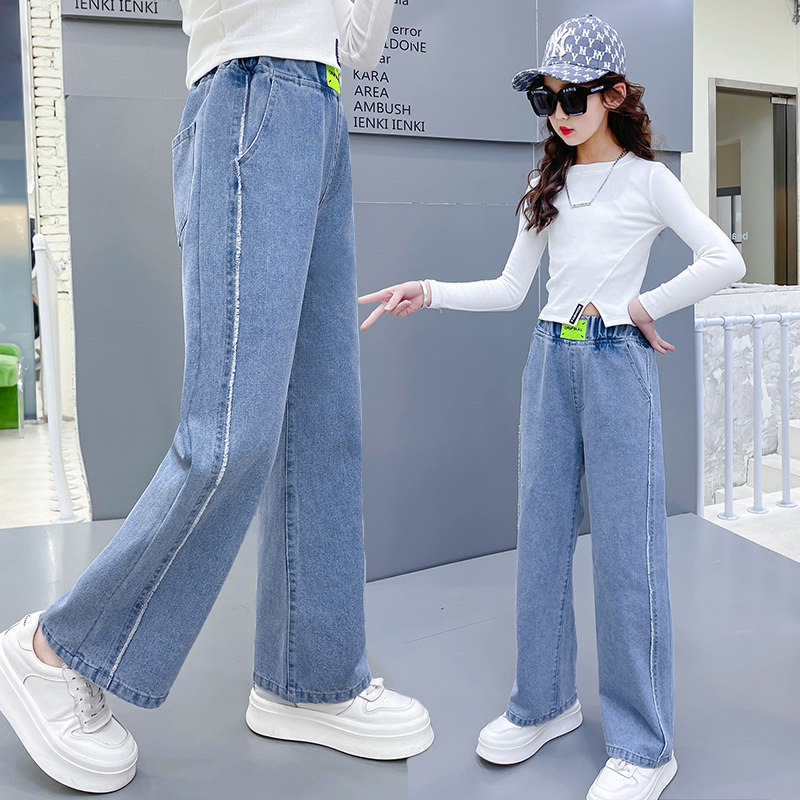 Girl Pants Spring Autumn Thin Section 2022 New Children Loose Foreign Pie Broadlegged Pants Summer Casual Straight Drum Jeans