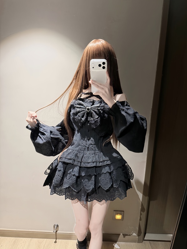 Girl and Sakura Original [Lilith Long Sleeve Style] Ancient Japanese Style Dark Bow Early Autumn Outfit