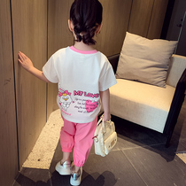 Girls suit summer 2022 new children's foreign style cartoon contrast color short sleeve T-shirt casual pants two-piece girl