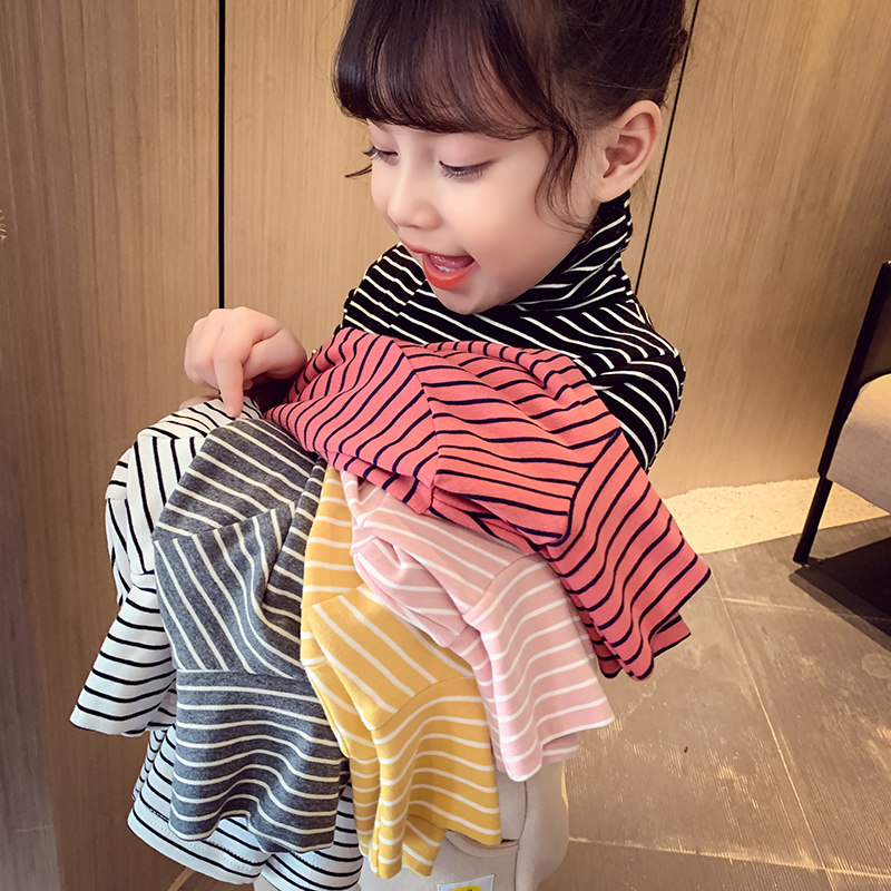 Girls stripe base shirt winter dress new children Korean version of high neck plus velvet padded top little girl warm long sleeve