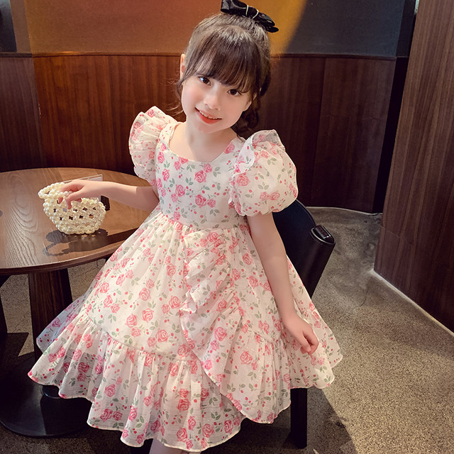 Girls dress foreign style children's puff sleeve floral princess dress spring and summer 2023 new little girl net red skirt