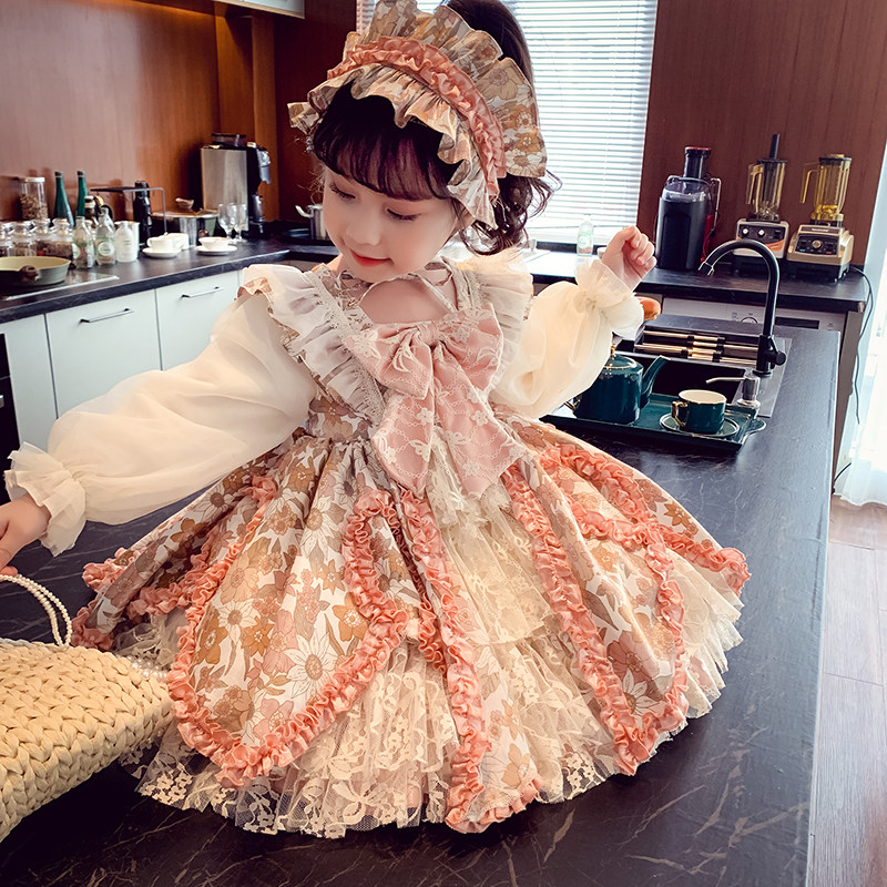 Girls Lolita Princess Dress Spring Dress New Kids Korean Edition Exotic Floral Skirt Spring and Autumn Little Girl Princess Skirt