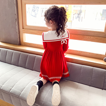 Girls dress Autumn new childrens foreign style navy style skirt Korean version of spring and autumn little girl knitted sweater skirt