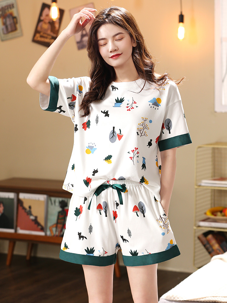 Eve's show 2021 new cotton pajamas women's summer thin two-piece short-sleeved spring, autumn and summer can go out to rest