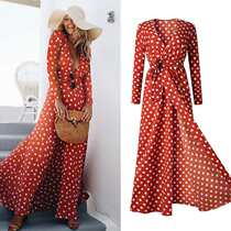 Crazy fashion printed polka dot V-neck lace-up front split long-sleeved womens dress large swing long skirt single piece