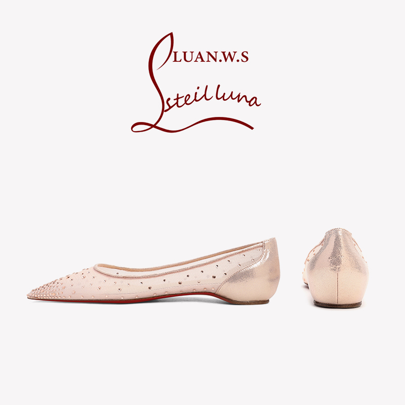 Pointed Toe Flat Shoes Champagne Color Mesh Height-Increasing Rhinestone Wedding Shoes Women Breathable Shallow Mouth Sheepskin Red Sole French Style Single Shoes Women