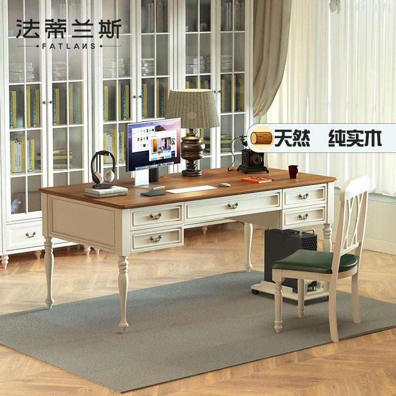 Pure Solid Wood 1.8m American-Style Mediterranean Desk 1.6 Large Size Home Office Desk and Chair Set Vintage Writing Desk