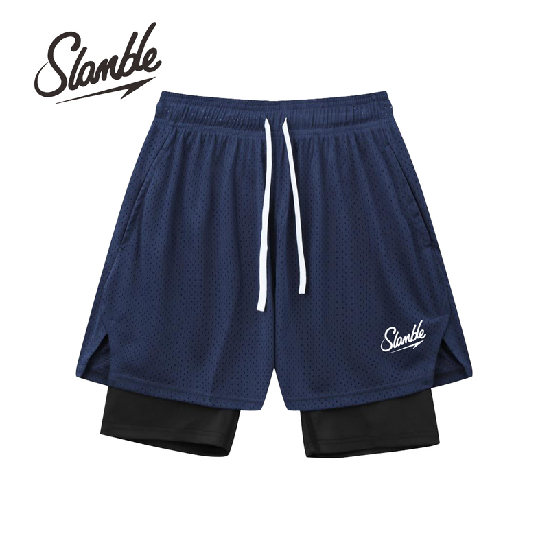 Slamble Summer New Style American-Style Fake Two-Piece Shorts with Inner Lining for Basketball Training, Above the Knee, Breathable Sports Shorts for Men