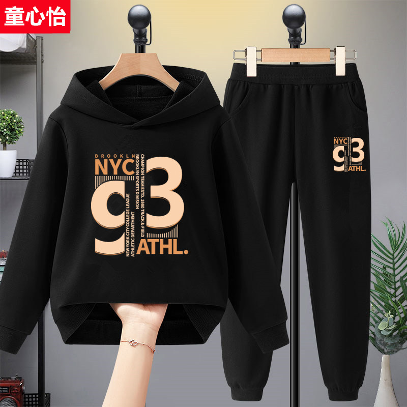 Children Lianhood sportswear suit boy Spring and autumn in warm and suede Two sets of big boy little boy black spring clothing wave