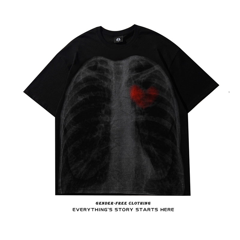 ZOROHOM dark night tide brand graffiti X-ray skull print round neck short-sleeved T-shirt men and women loose top summer