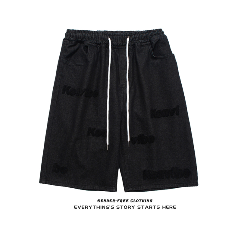 ZOROHOM Tide letters embroidered with high texture denim shorts men and women loose knees above large size 50% pants
