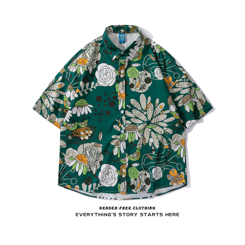 ZOROHOM National Tide Flowers Birds Graffiti Full Print Short Sleeves Flowers Shirts Men and women loose large size Tide Beach Shirts