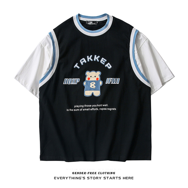 ZOROHOM College Wind leave Two splicing Coloured short sleeves T-shirts Men and women Loose Casual Harbor Taste Lovers Summer Clothes
