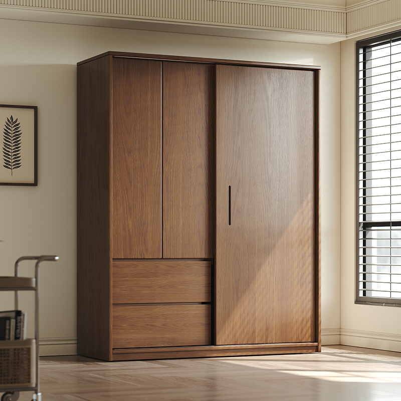 Solid Wood Oak Sliding Door Wardrobe for Home Bedroom, Walnut Color, Modern Minimalist Large Wardrobe with Sliding Doors