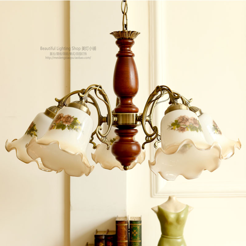 Living room chandelier bedroom American pastoral country style retro solid wood lamp five head chandelier creative painting new Chinese style