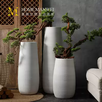Retro literary ceramic floor vase living room modern simple white thread barrel flower pot ornaments dry flower pottery pot