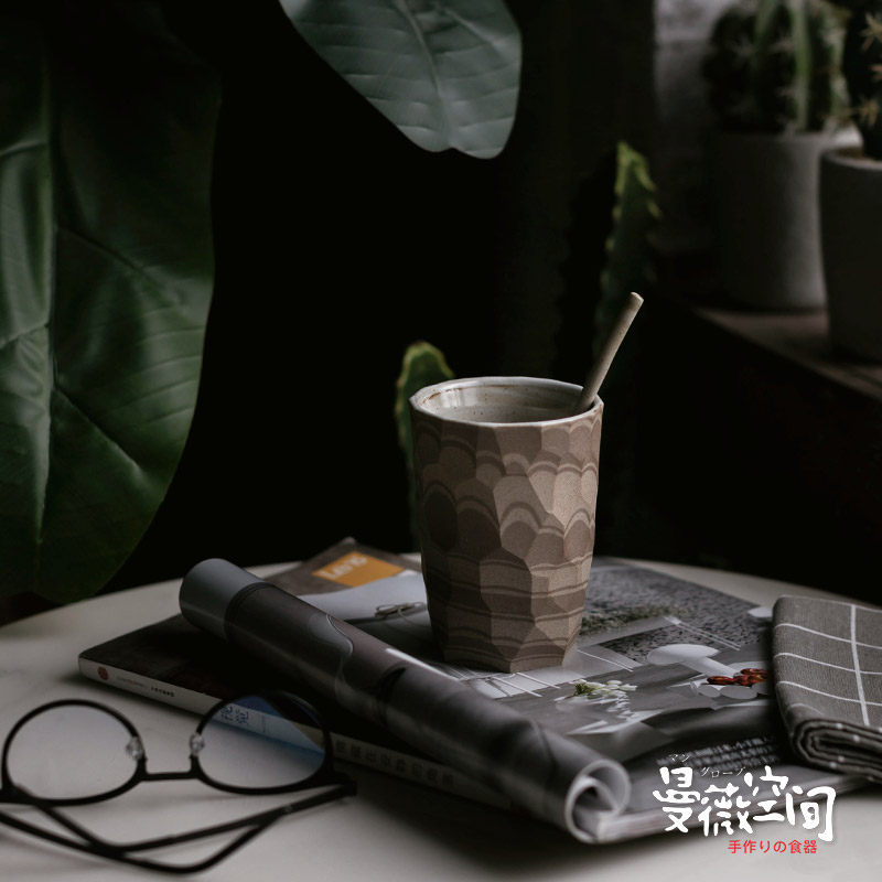 Handmade Grinding Espresso Coffee Cup Mocarday Style Firewood Burning Ins Ceramic Coarse Pottery Cups Retro Wind Knife Cut Tattooed Glasses