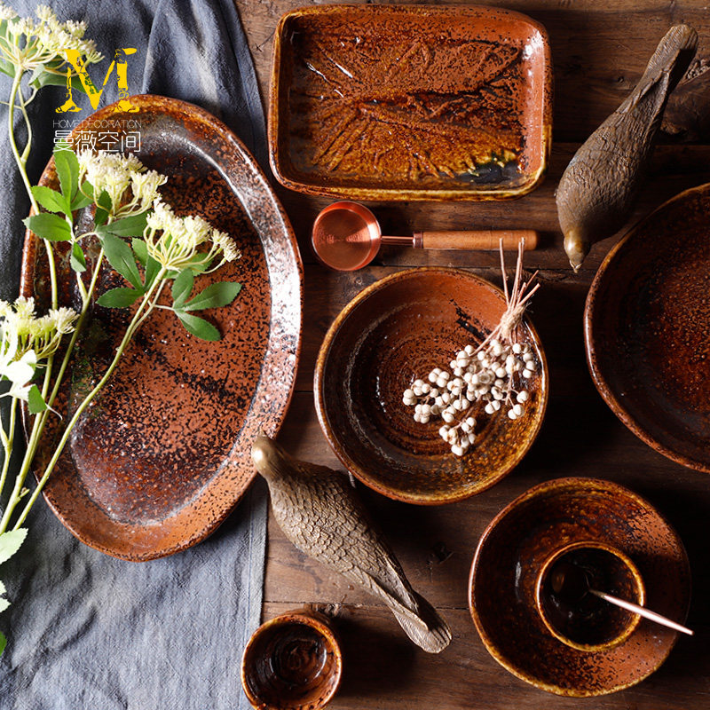 Home Folktray Snack Tray Dish Handcrafted Coarse Pottery Cutlery Day Style Plain Ceramic Cuisine Bowls Dish Cups Suit