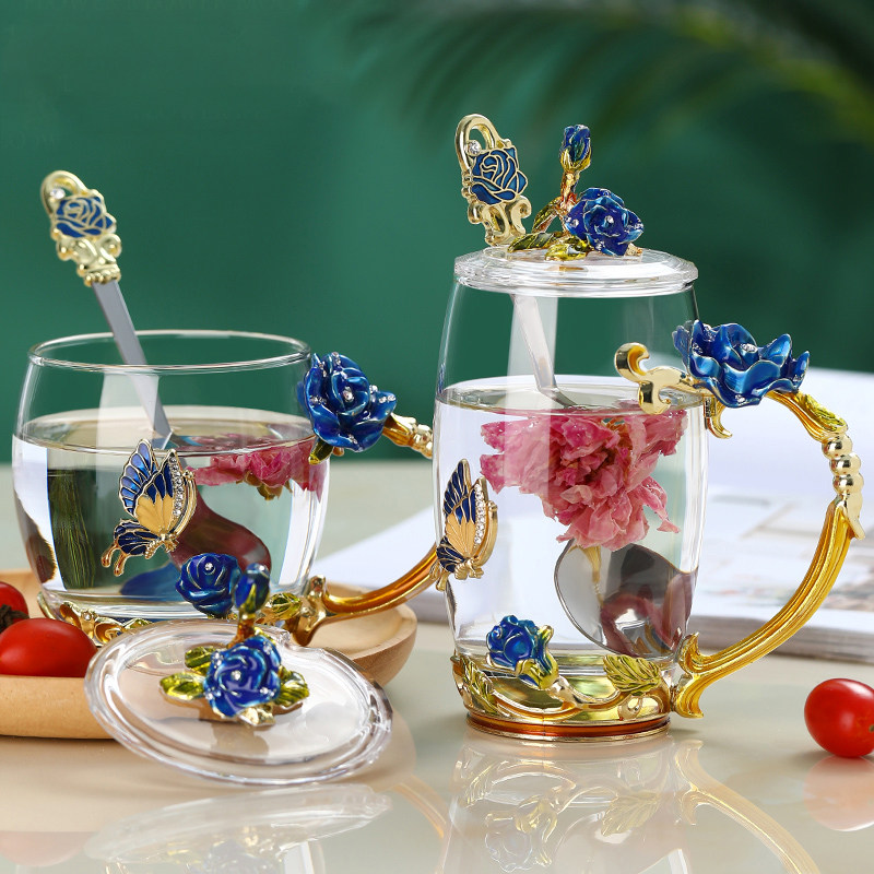 Enamel Colored Water Cup Suit With Lid Spoon Wedding Mug Crystal Glass Coffee Cup Home Flower Tea Cup Women With