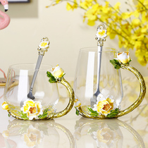 Enamel water cup with lid spoon tea cup creative household lead-free heat-resistant glass to glass crystal cup Milk Cup