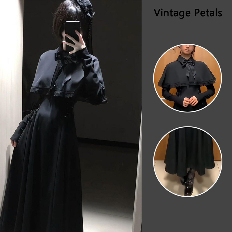 Black Gangster's Daughter New Design French Cape Gothic Nun Style Waist-Slimming Long-Sleeve Dress
