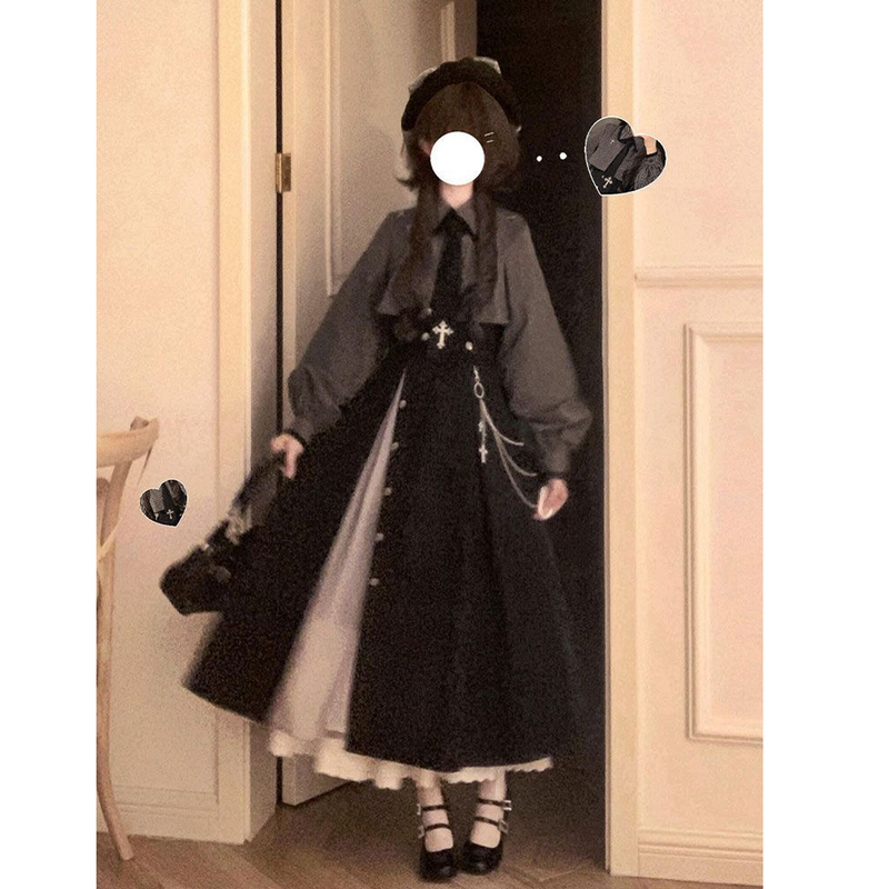 [Dark Style Tribute] Striped Gothic Lolita Retro Long-Sleeve Shirt + High-Waisted Flared Skirt + Waist Belt Set