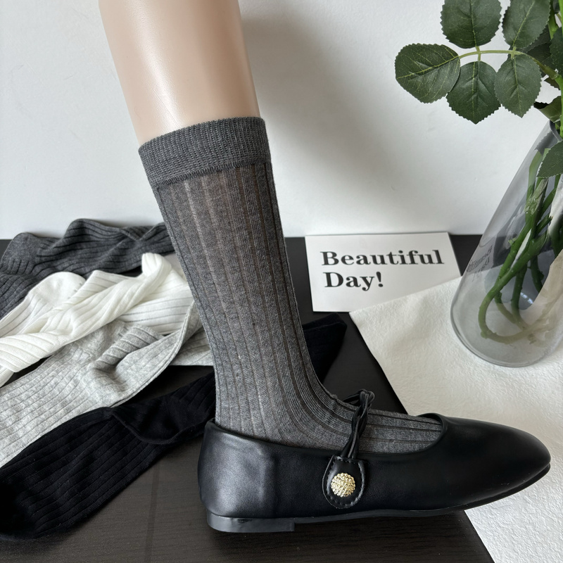 Semi-Transparent Vertical Striped Gray Socks for Women, Mid-Calf Socks, Thin Cotton for Spring and Summer, Runway Style Calf Socks, Miu-Style Slouch Socks Semi-Transparent Vertical Striped Gray Socks for Women, Mid-Calf Socks, Thin Cotton for Spring and Summer, Runway Style Calf Socks, Miu-Style Slouch Socks