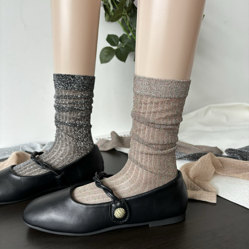 Summer Thin Shimmering Stockings for Women, Mid-Calf Socks, ins Trendy Retro Stylish Vertical Striped Runway Style Slouch Socks